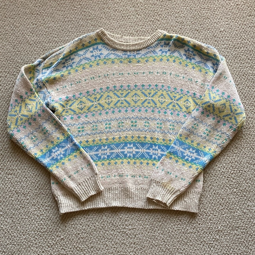 Vintage 1970s Geometric Knit Heavyweight Grandpa Sweater Funky Pattern Large